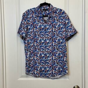 Blue and Red Casual Button Down Shirt with Floral Design